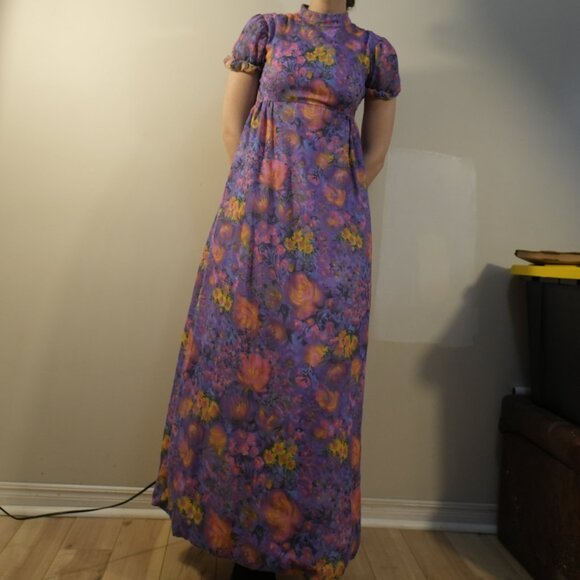 VINTAGE HANDMADE Prairie Cottagecore 70s Short Sleeve Maxi Dress - Size XS/S - Picture 4 of 10